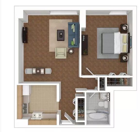 Floor plan for 1 bed, 1 bath, 543 sqft